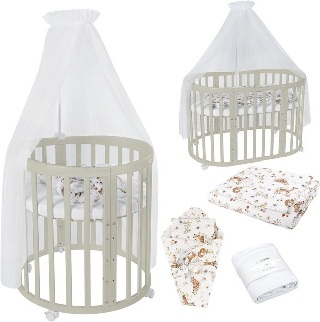 Waldin Babybett OWAL 7in1 Kinderbett aus Buchenholz mit Matratze, mitwachsendes Kinderbett, lackiert - Bild 1