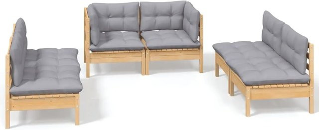 vidaXL 6-teiliges Garten-Lounge-Set aus massivem Kiefernholz mit grauen Polstern und Rückenkissen - Bild 1