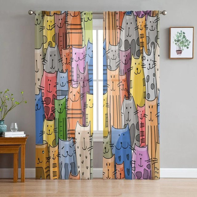 Yiran Furniture Transparentes Tüll-Fensterdekoration Set mit Katzen-Motiv, Organza Voile Vorhang für Wohnzimmer und Schlafzimmer, Farbe: Mehrfarbig, B: 135 cm, H: 160 cm, 2 Stück - Bild 1