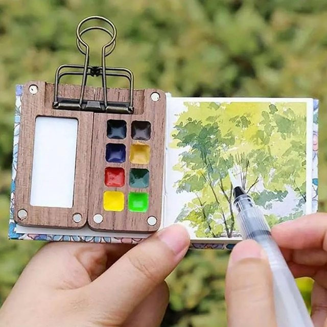 VAKIND Mini Aquarell Farbset mit Holz Gitter Farbkasten und Reise Farbpalette in Multicolour - Bild 1