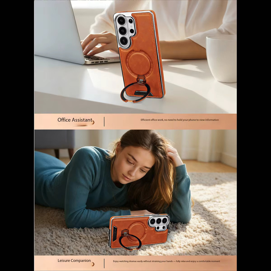 SZMUGUA PU-Leder Handyhülle mit MagSafe Magnetring-Halterung für Samsung Galaxy S26 Ultra S25 Edge S24 S23 Plus, Stoßfester Schutz, Braun - Bild 3