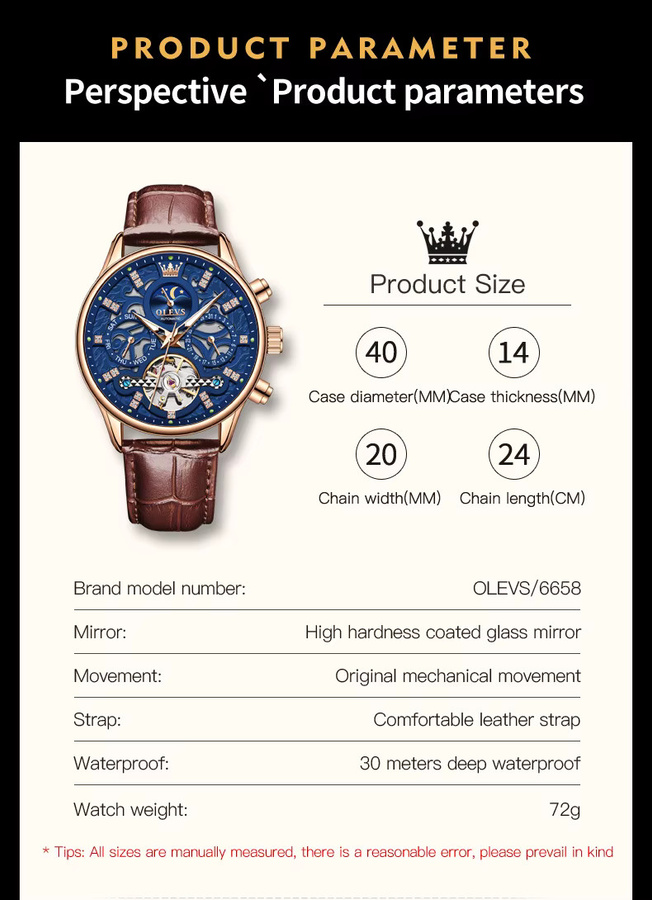 Olevs Armbanduhr, Automatik, Skelett, Roségold, Leder, Herren - Bild 3