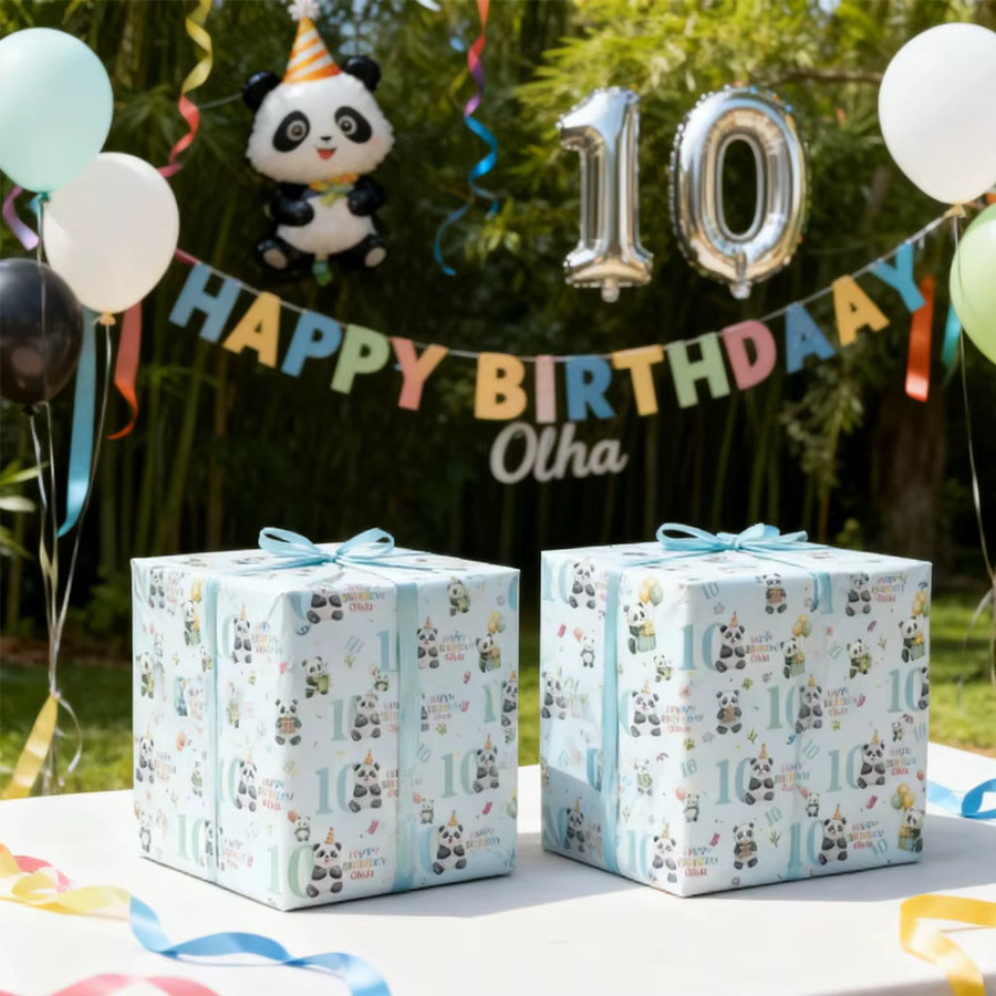 WEIGAO Personalisiertes Panda-Verpackungspapier mit Namen und Alter für Kindergeburtstage, Mehrfarbig - Bild 2