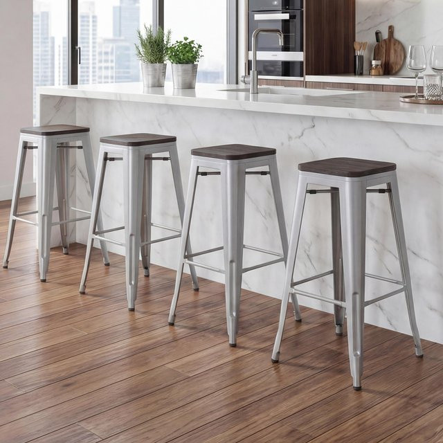 4er-Set MCW Barhocker A73 in Grau mit Holz-Sitzfläche und Metallgestell im Industriedesign, stapelbar, B/T/H: 42 x 42 x 76 cm - Bild 2