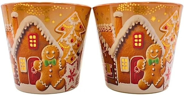 Dekohelden24 2er Set Aromakerzen Gingerbread Town mit Lebkuchen Aroma im Glas, B/T/H: 9 x 9 x 8 cm pro Kerze - Bild 1
