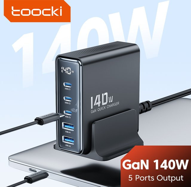 Toocki 140W GaN Desktop Ladestation mit USB-C, Digitalanzeige und Schnellladung PD3.0/QC4.0, Schwarz - Bild 1
