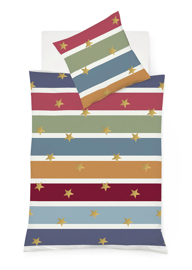 Fleuresse Mako-Satin Bettwäsche Set mit Streifen und Sternen in Bunt, B/H: 135 x 200 cm und 80 x 80 cm - Bild 1