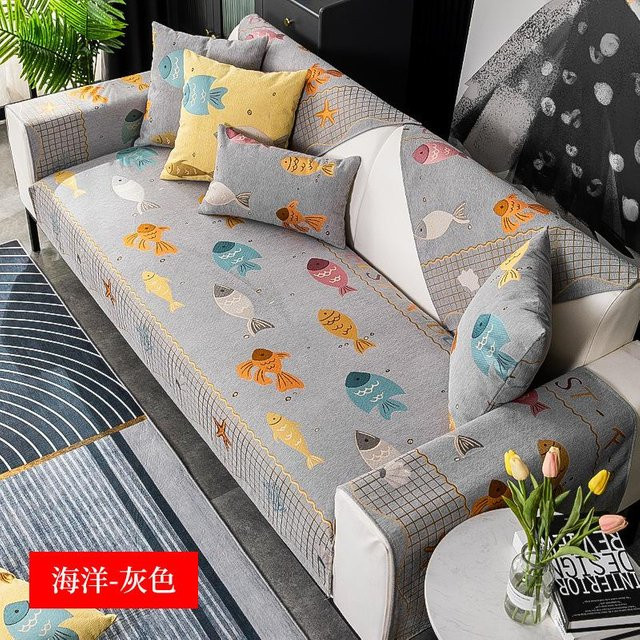 Chenille-Sofakissen mit Ozean-Print von Super Six in Blau und Grau, rutschfestes quadratisches Kissen für Ecksofas, Breite: 70 cm, Breite: 70 cm - Bild 1