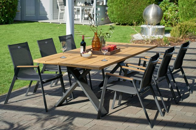 Hartman Garten-Essgruppe Xanadu Aruba Set in Anthrazit aus Aluminium und Teakholz mit 6 Stapelsesseln und Teakarmlehnen, Tisch Breite: 220 cm, Tiefe: 100 cm - Bild 1