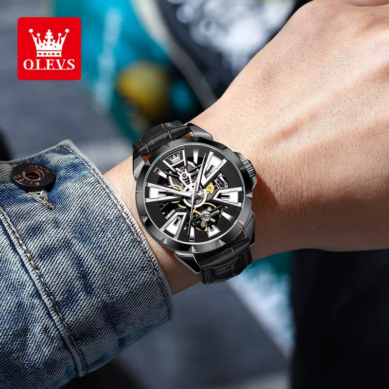 OLEVS Armbanduhr Automatik, Edelstahl, Leder, Schwarz, Herren - Bild 5