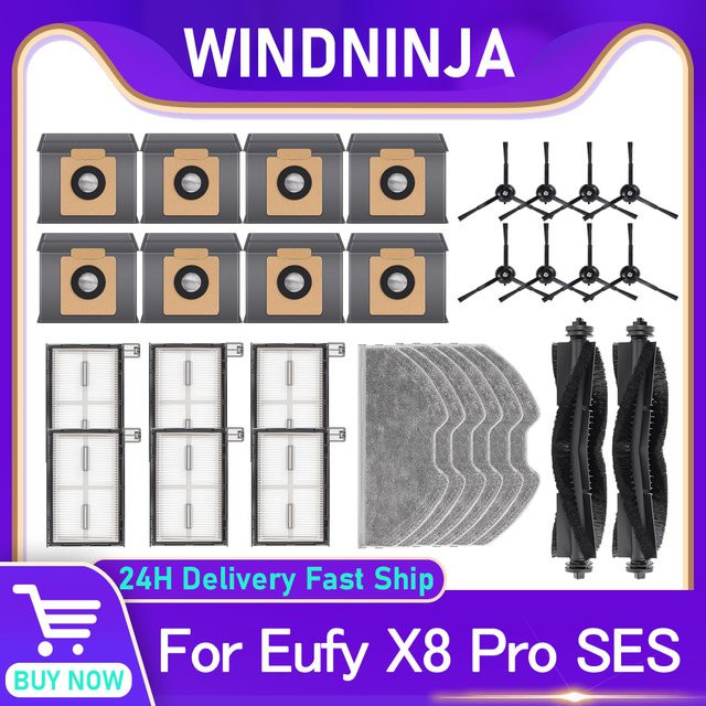 WINDNINJA Ersatzteil-Set für Eufy X8 Pro SES Roboterstaubsauger mit Rollenbürsten, Mopp-Pads, Seitenbürsten und Staubbeuteln in Schwarz - Bild 1