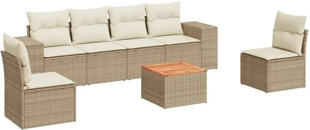 vidaXL 7-teilige Garten-Sofagarnitur aus Poly-Rattan und Akazienholz in Beige-Creme mit Kissen - Bild 1