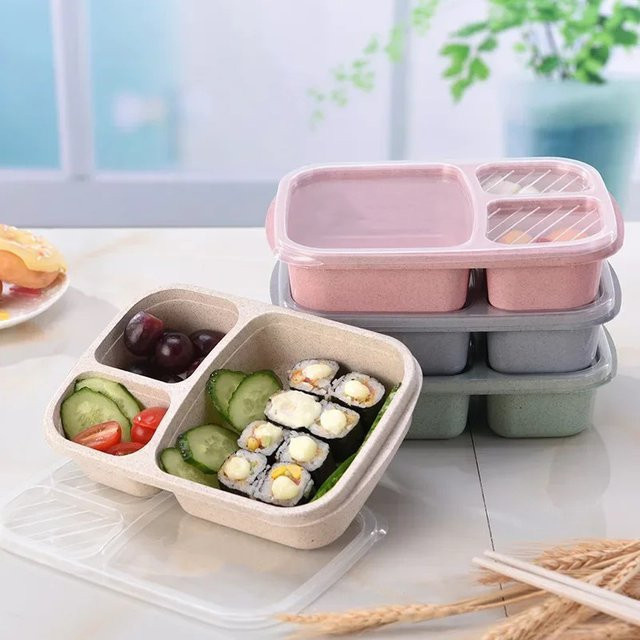 Tragbare Bento-Box Lunchbox aus Weizenstroh mit Fächern, mikrowellengeeignet, Farbe: Grün - Bild 1