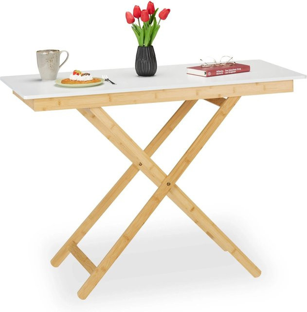 Relaxdays Klapptisch aus Bambus und MDF in Weiß, höhenverstellbar und klappbar, B/T/H: 105 x 70 x 50 cm - Bild 1