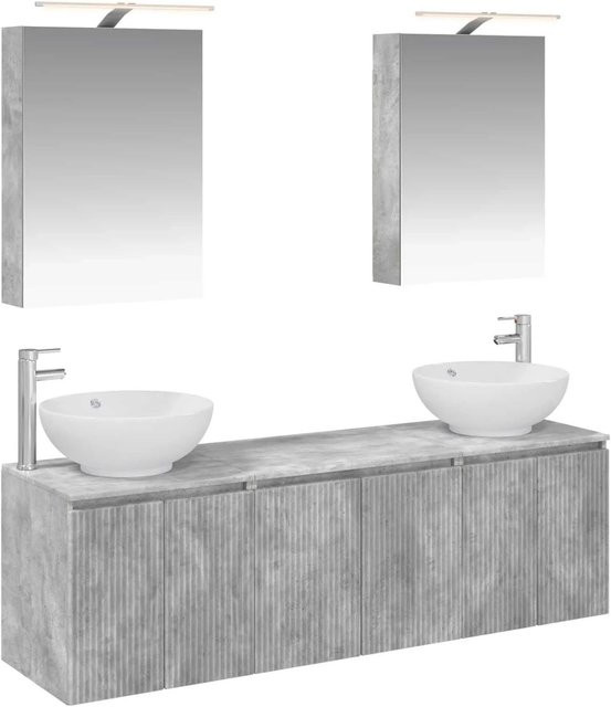 vidaXL Badezimmerschrank-Set in Betongrau, 5-teiliges Set aus Waschtischunterschrank, Spiegelschrank und Wandschränken mit LED-Beleuchtung, minimalistisches Design aus Holzwerkstoff, matt - Bild 1