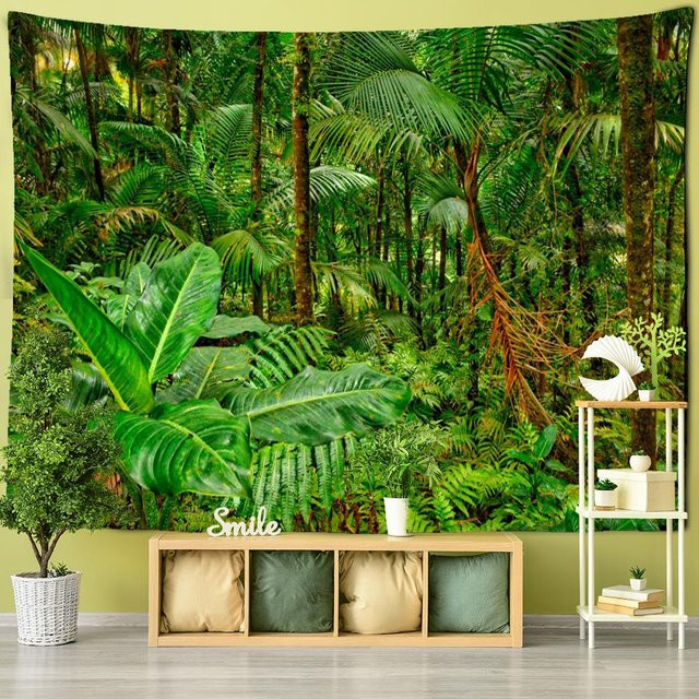 Wandteppich im Boho-Stil mit Waldlandschaft und Baum, grüner Wandbehang als Dekoration, B/H: 150 x 130 cm - Bild 1