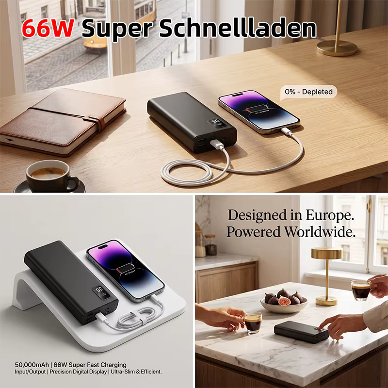 Hinne Hochleistungs-Powerbank mit 50000mAh und 66W Schnellladung, Tragbares Ladegerät mit LED-Digitalanzeige für iOS und Android, verfügbar in Schwarz oder Weiß - Bild 6