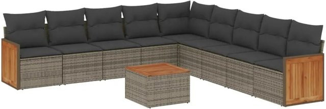vidaXL 10-tlg Garten-Sofagarnitur aus Poly Rattan und Akazienholz in Grau mit Kissen Modell 92 - Bild 1