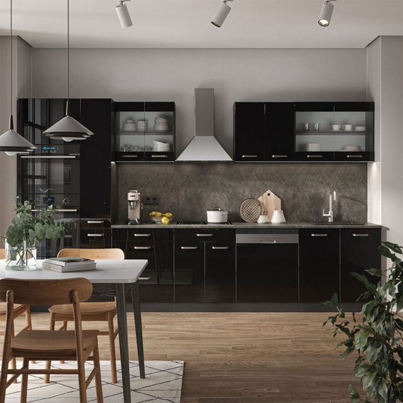 Vicco Küchenzeile R-Line Modern in Schwarz Hochglanz und Anthrazit mit Hochschrank, Breite: 350 cm - Bild 1