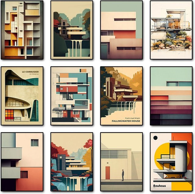 Abstraktes Leinwandgemälde Fallingwater House im Bauhaus-Stil von Potdemiel, mehrfarbige Wandkunst für dein Zuhause - Bild 1