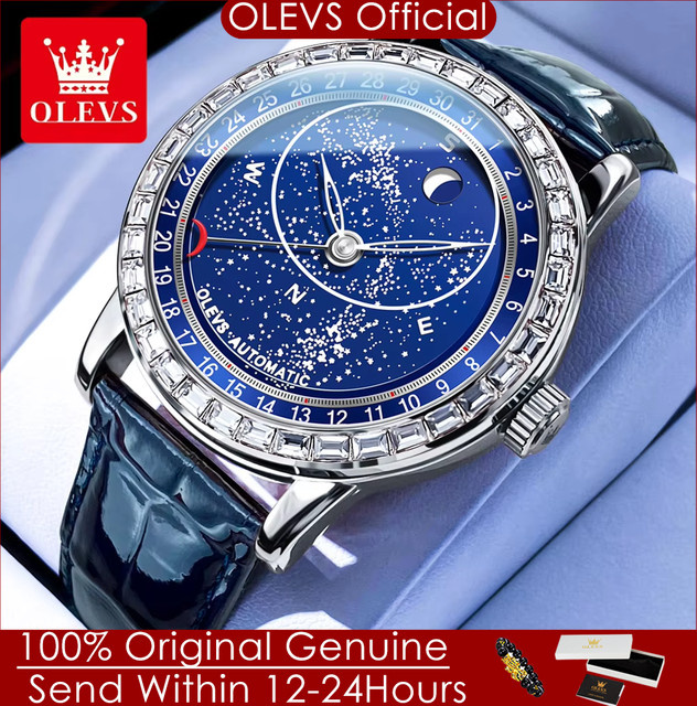 OLEVS Armbanduhr Automatik, Edelstahl, Leder, Blau, Mondphase, Herren - Bild 1