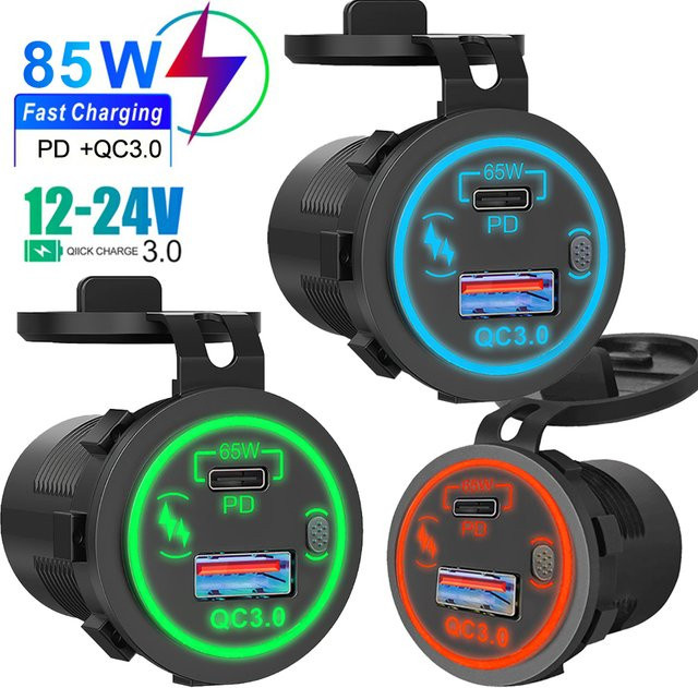Velev 85W USB Auto Ladegerät mit PD Typ C und QC 3.0, Wasserdichter Adapter mit Schalter für 12V 24V Auto Lkw Boot, Schwarz - Bild 1