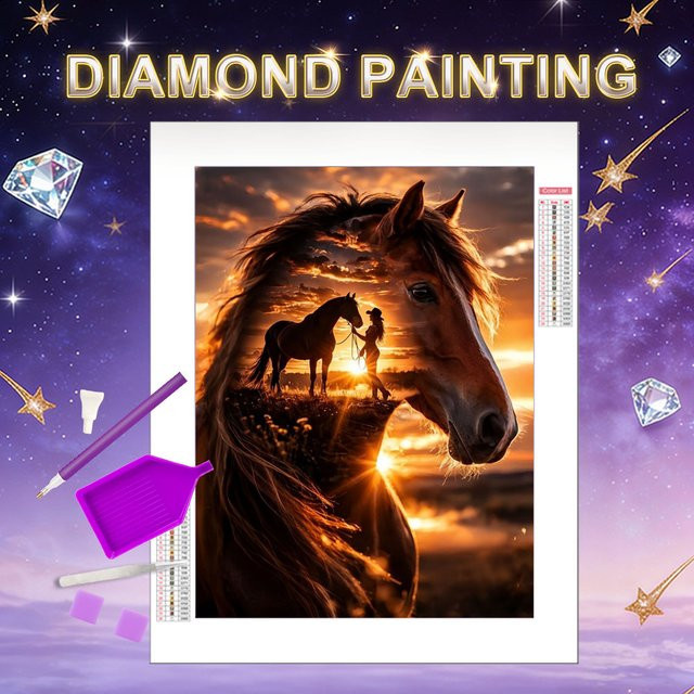 HUACAN Diamantmalerei Pferd und Frau im Sonnenuntergang als 5D DIY Mosaik Set für die Tischdekoration, Mehrfarbig, B/H: 30 x 20 cm - Bild 1