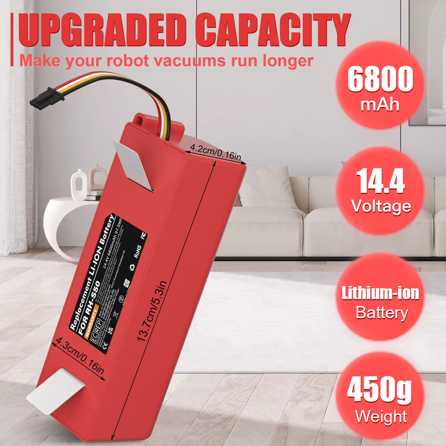 Xiaomi Ersatzbatterie für Roborock S50 S51 S52 S53 S55 S60 S4 S5 S6 S7 Saugroboter, 14,4 V, 6800 mAh, Rot - Bild 3