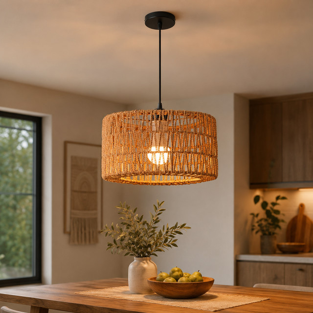 JOYINLED Rattan-Pendelleuchte in Braun, Verstellbare Hängelampe im Rustikalen Design für das Esszimmer, Durchmesser: 31 cm - Bild 1