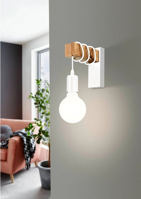 Eglo Wandleuchte Townshend 1-flammig Weiß-Braun E27 10 W Skandi-Design aus Metall und Kiefernholz - Bild 1
