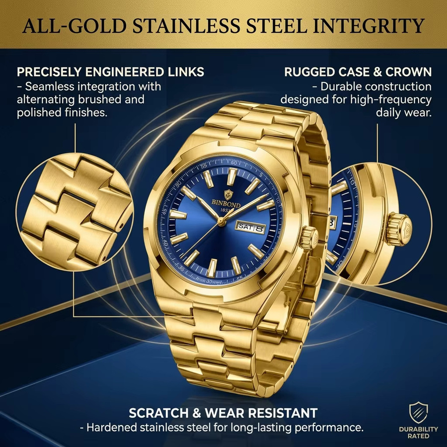 BINBOND Armbanduhr, Quarz, Edelstahl, Gold, blaues Zifferblatt, Herren - Bild 6