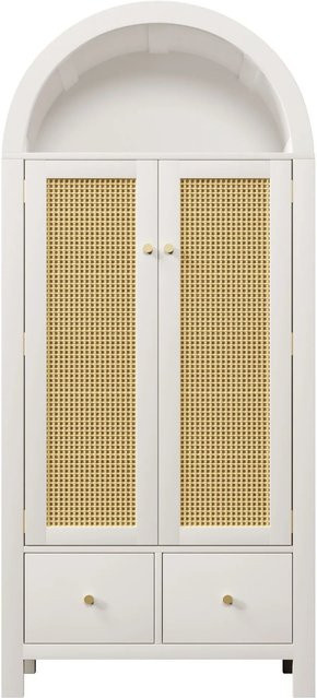 Merax Kleiderschrank im Boho-Design mit Rattan-Optik und integrierten Schubladen, Weiß, H x B x T: 181 x 78 x 45 cm - Bild 1