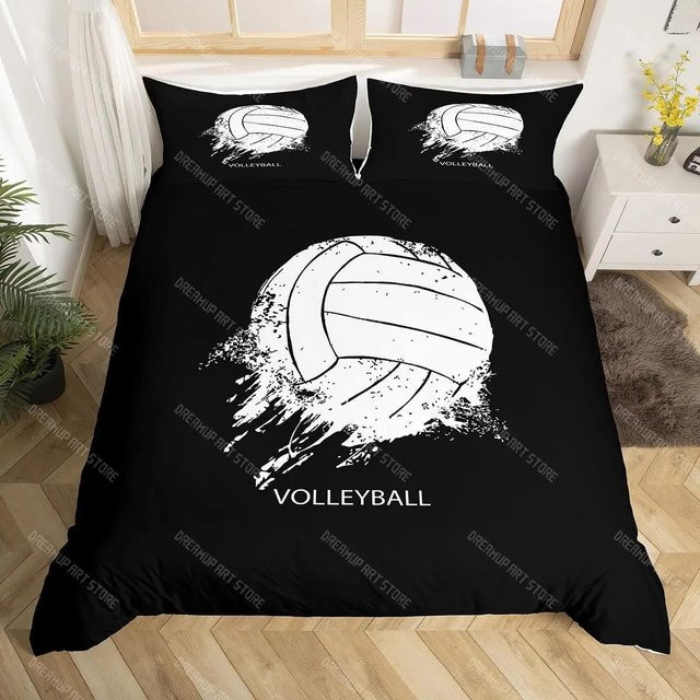 Volleyball Sport Bettwäsche Set mit Aquarell-Design, Bettbezug und Kissenbezug aus Mikrofaser, Schwarz, B/H: 135 x 200 cm - Bild 1
