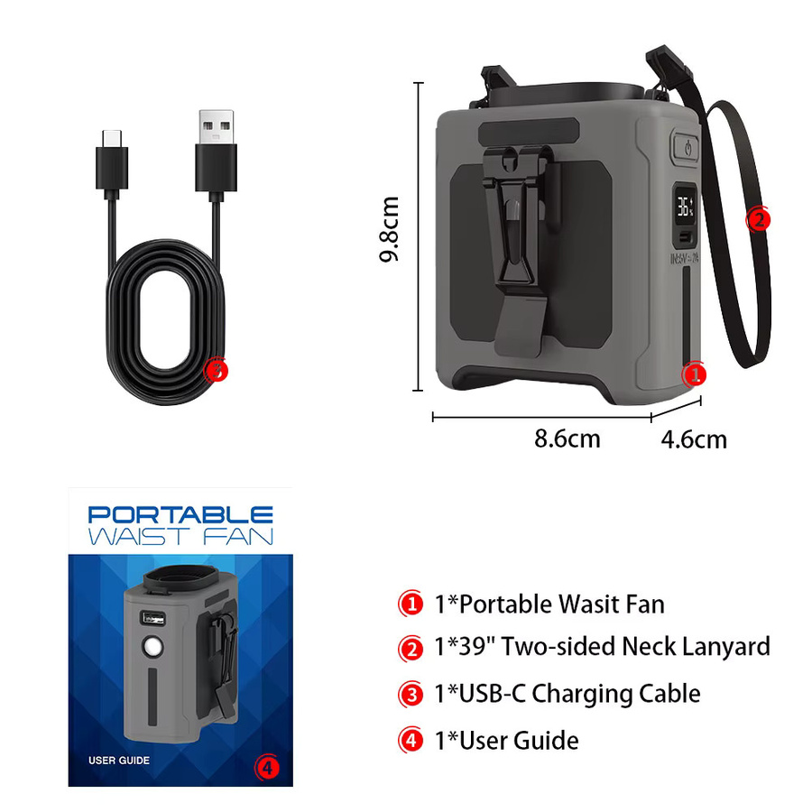 QIUCI Tragbarer Taillenventilator mit 14500 mAh Akku und Powerbank Funktion, Orange, inkl. Taschenlampe und Turbomotor - Bild 3