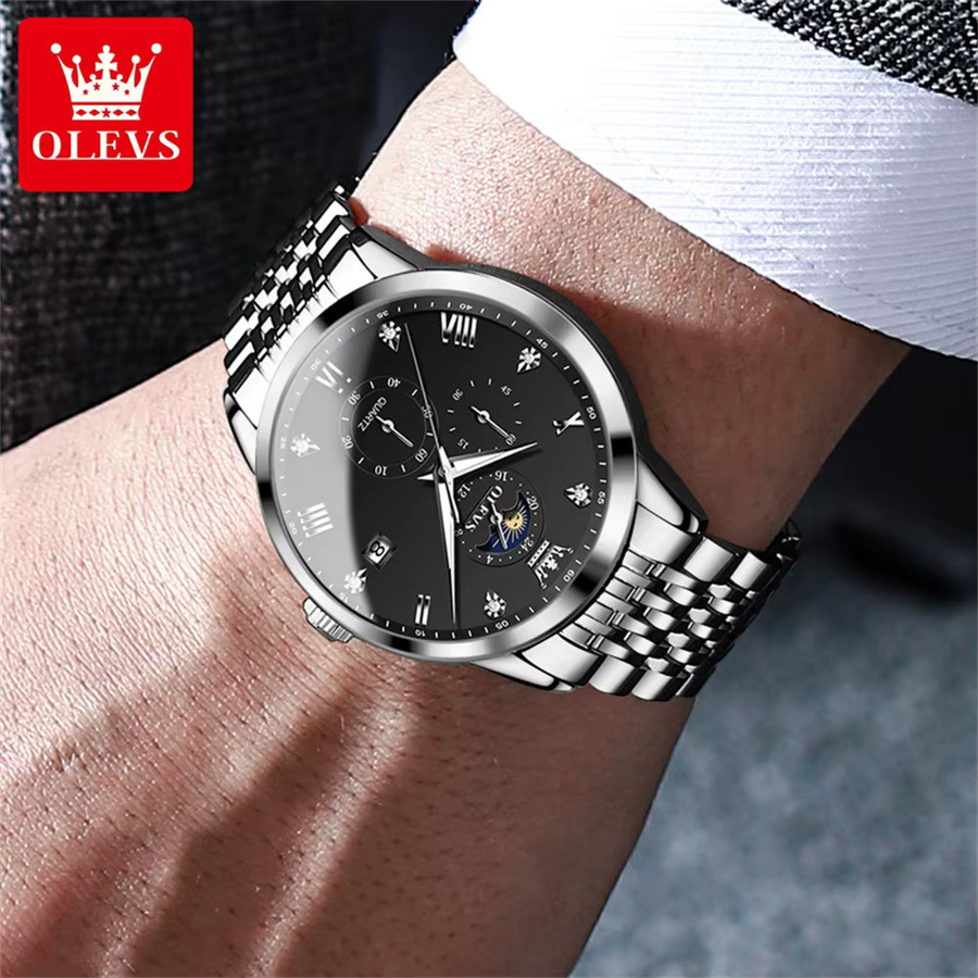 OLEVS Armbanduhr Chronograph, Quarz, Edelstahl, Schwarz, Herren - Bild 2