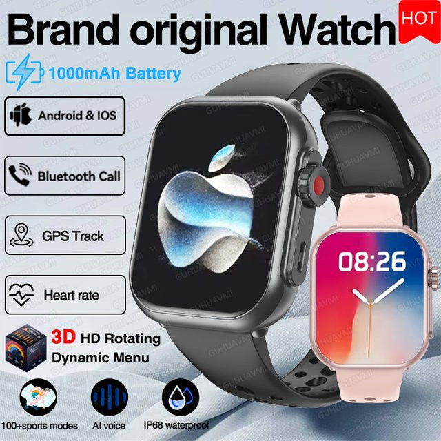 GUHUAVMI Smartwatch für iOS mit AMOLED Display, GPS, Bluetooth Anruf und wasserdichtem Design in Schwarz - Bild 1