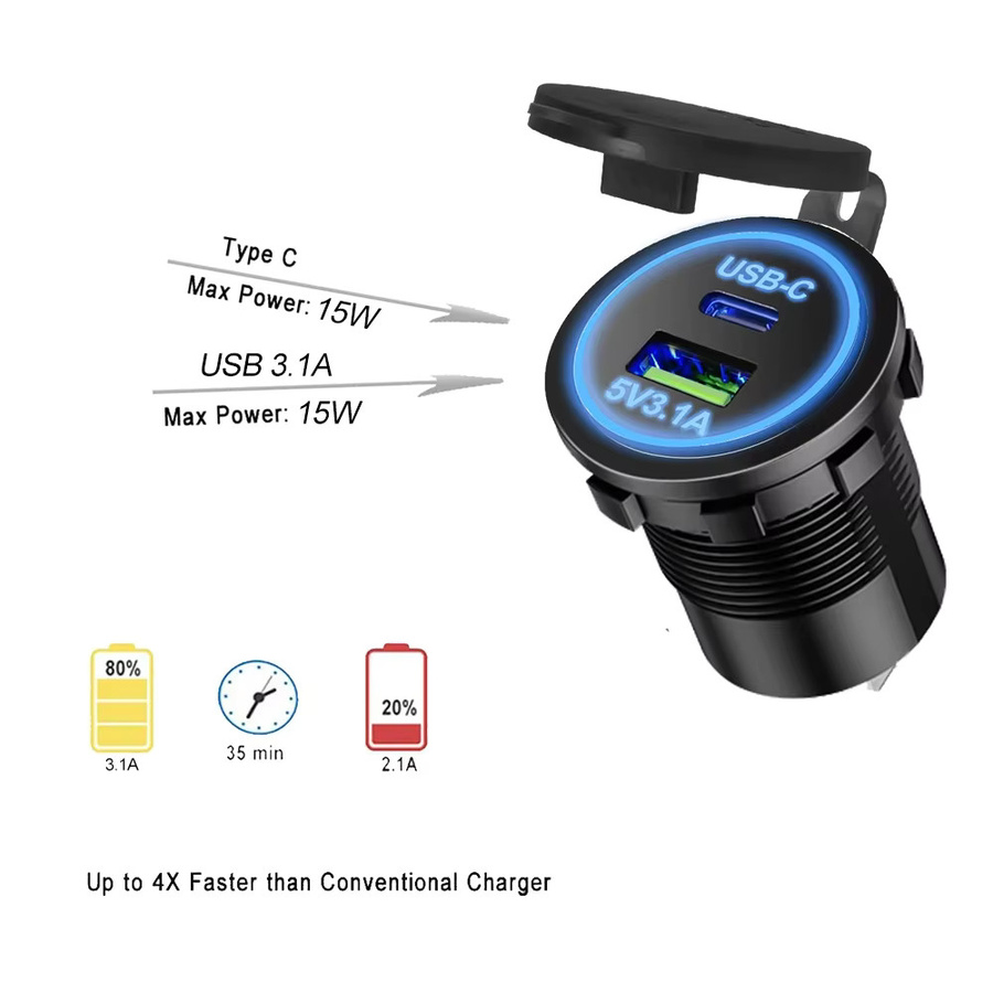 Velev Universal USB Type-C Ladegerät mit LED-Licht und Zigarettenanzünder-Steckdose für Auto, Lkw, Boot und ATV in Schwarz - Bild 3