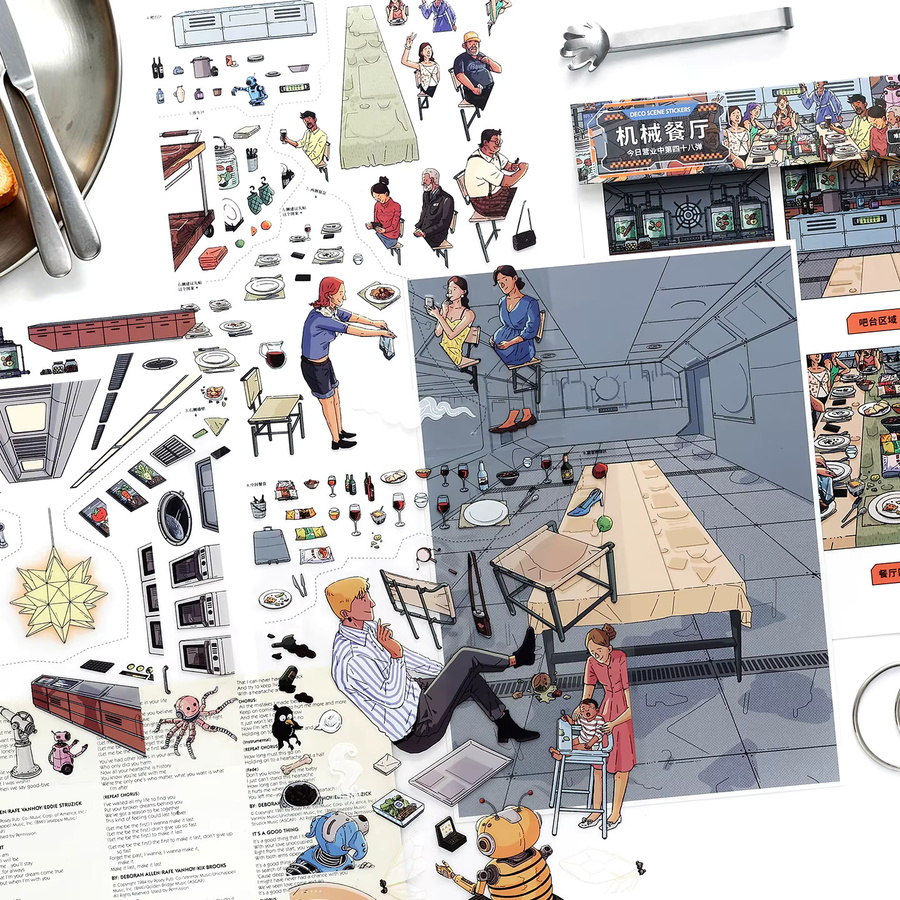 Mechanische Restaurant-Diorama-Szenen-Aufkleber mit futuristischen Roboter-Café-Motiven für Journal, Scrapbooking und DIY-Bastelarbeiten, Mehrfarbig - Bild 2
