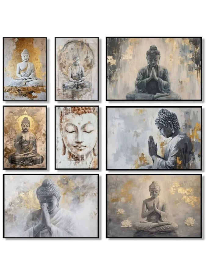 Potdemiel Minimalistisches Abstraktes Buddha Leinwand-Gemälde in Weiß und Gold für deine Zen-Wandkunst - Bild 2