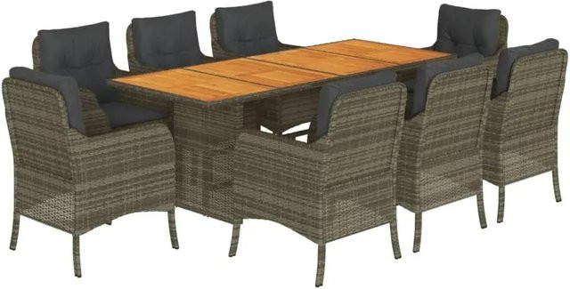 vidaXL 9-teilige Garten-Essgruppe aus Poly Rattan und Akazienholz in Grau mit Kissen für Garten, Hinterhof und Terrasse - Bild 1