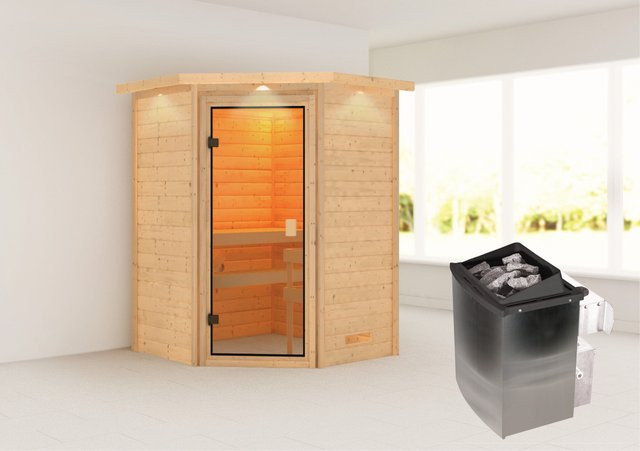 Woodfeeling Massivholzsauna Antonia in Braun mit 9 kW Ofen, integrierter Steuerung und LED-Dachkranz, B/T/H: 145 x 145 x 187 cm - Bild 2