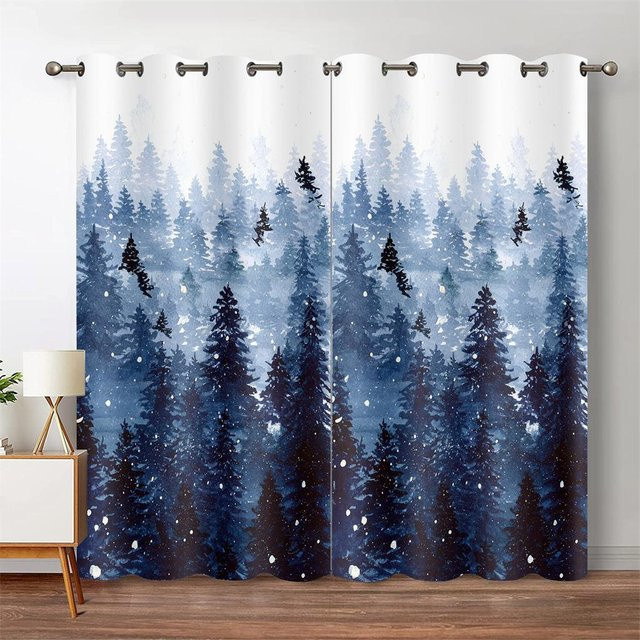 A Family Of Home Textiles Fenstervorhang mit grünem Wald und Aquarell-Baum-Silhouette, semi-transparent, grün und blau, B: 150 cm, H: 166 cm - Bild 1