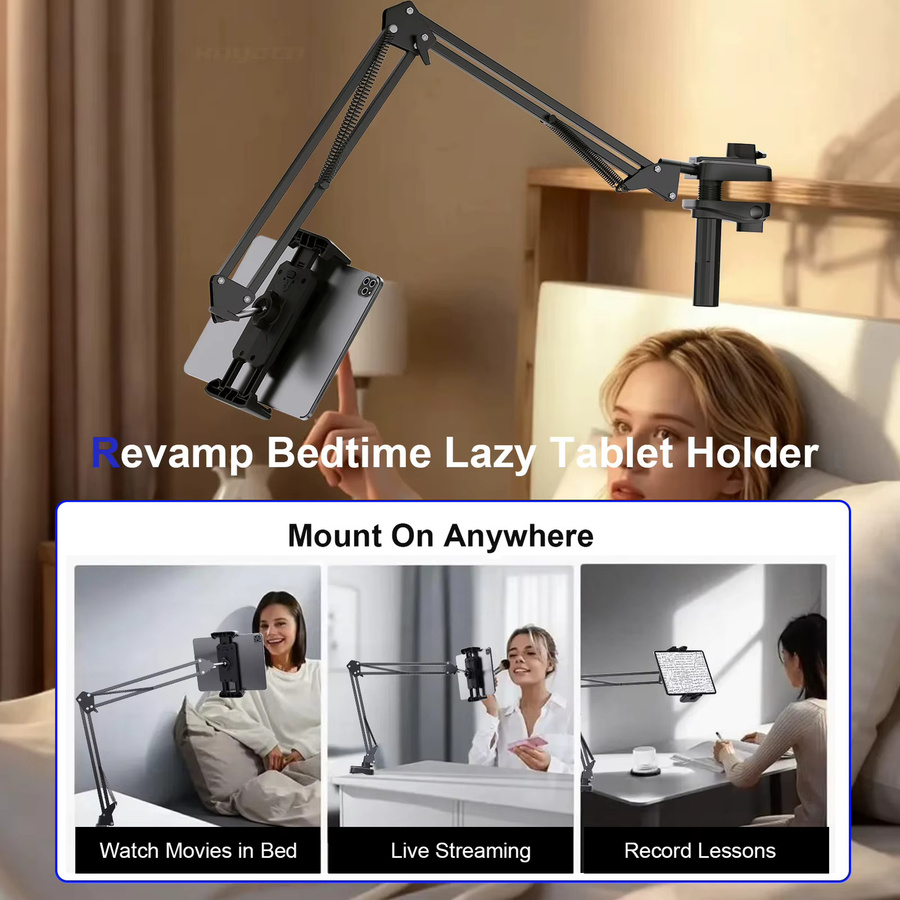 Homhu Tablet-Ständer mit langem Arm in Schwarz, verstellbare Halterung für iPad und Smartphones von 4 bis 14 Zoll für Schreibtisch und Nachttisch - Bild 6