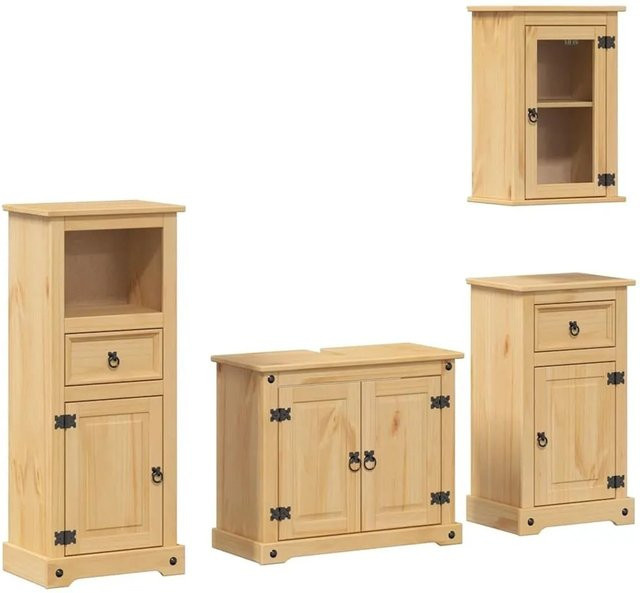 vidaXL Badmöbel-Set Corona aus Massivholz Kiefer in Braun und Beige, 4-teilig mit Waschtischunterschrank, Wandschrank und Hochschrank im rustikalen Design - Bild 1