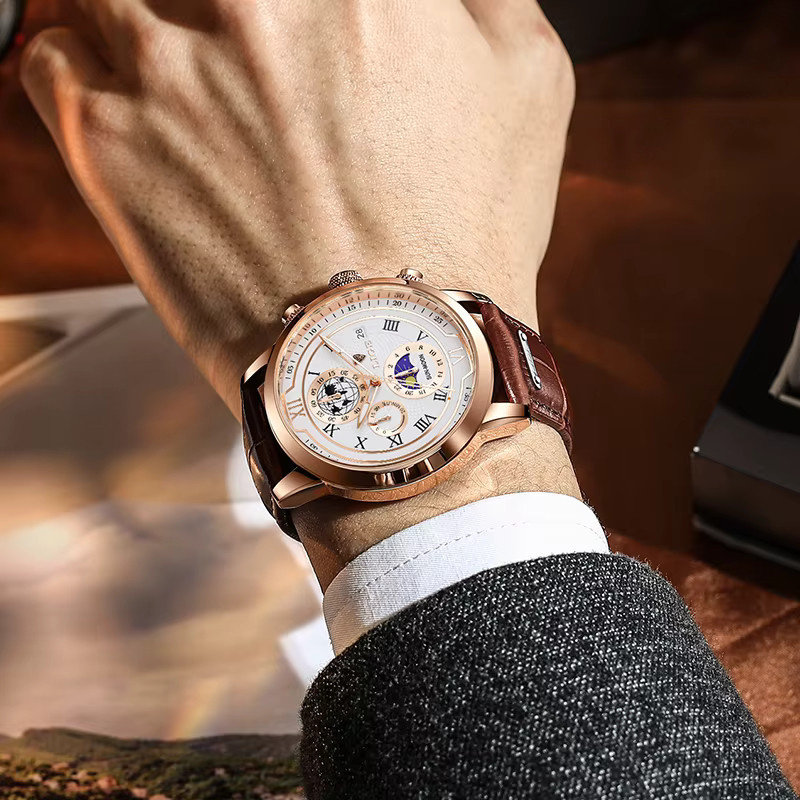 LIGE Armbanduhr Chronograph, Quarz, Leder, Schwarz, Roségold, Herren - Bild 6