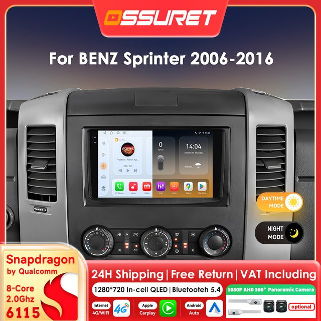 OSSURET Android 14 Autoradio mit Carplay und Snapdragon 6115 Multimedia Head Unit für Benz Sprinter und VW Crafter 2006–2016, Schwarz - Bild 1