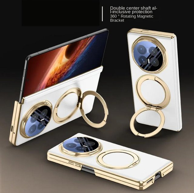 LOOL IO Magnetische Lederhülle für Honor Magic V6 mit galvanisiertem Rahmen, kabellosem Lade-Ring und Metallringhalter, Farbe: Weiß - Bild 1