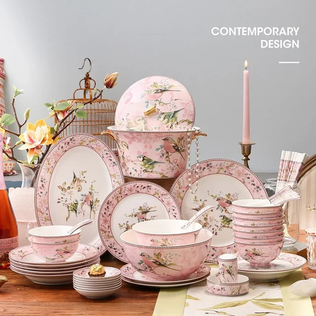 DUTRIEUX Bone China Geschirrset für Erwachsene mit floralem Design in Pink - Bild 1