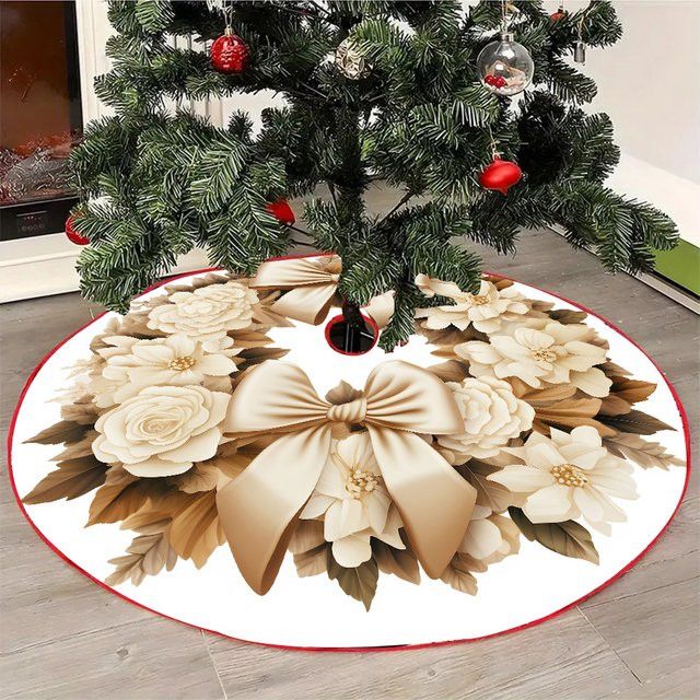 Vikama Eleganter Blumenkranz Weihnachtsbaumrock in cremefarbenem Roségold mit Schleifendesign für deine Weihnachtsdekoration - Bild 1