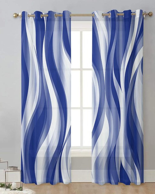 Yiran Furniture Tüllvorhänge mit Wellenlinien in Dunkelblau, transparente Voile-Fenstervorhänge mit Ösen, 2er-Set, Breite: 65 cm, Höhe: 60 cm - Bild 1